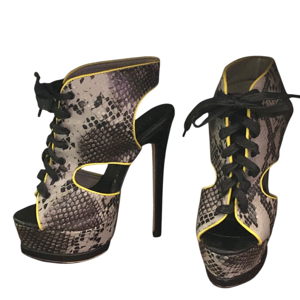 Paper Fox Black and Gray Snakeskin Heels with Stiletto
